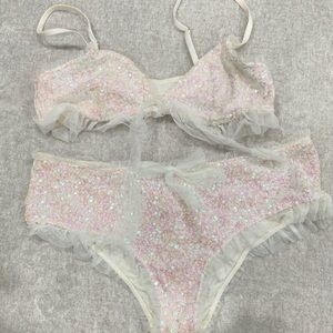 Victoria's Secret Glittering Pink and White Bra Set